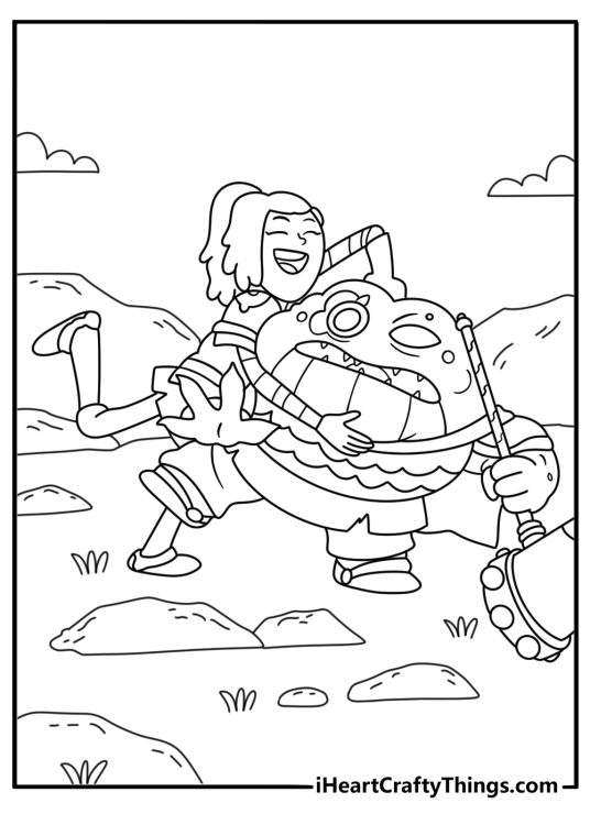 Printable Amphibia coloring page with Sasha beside Captain Grime
