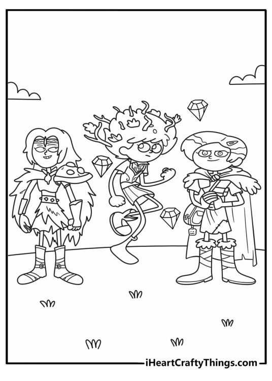 Printable Amphibia scene showing Marcy Sasha and Anne beside three glowing gems