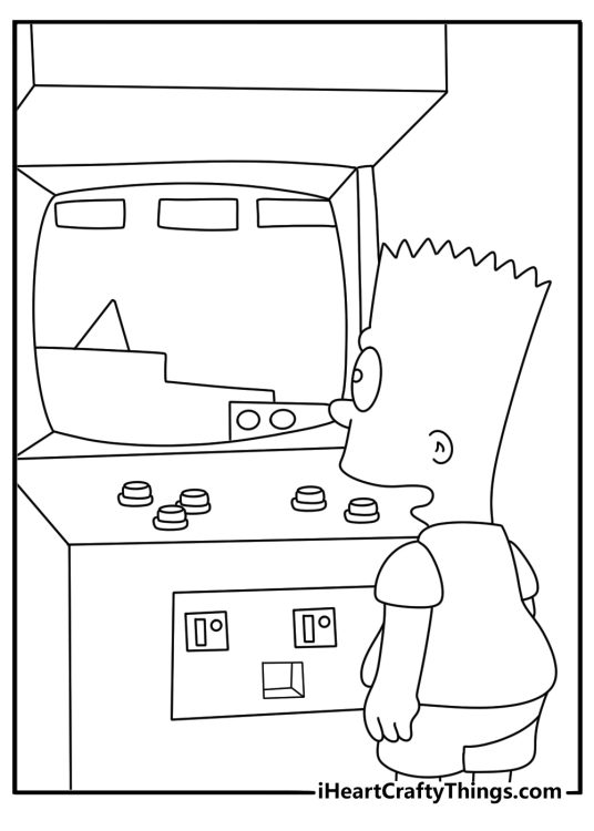 Printable Bart Simpson coloring page with Bart playing an arcade game