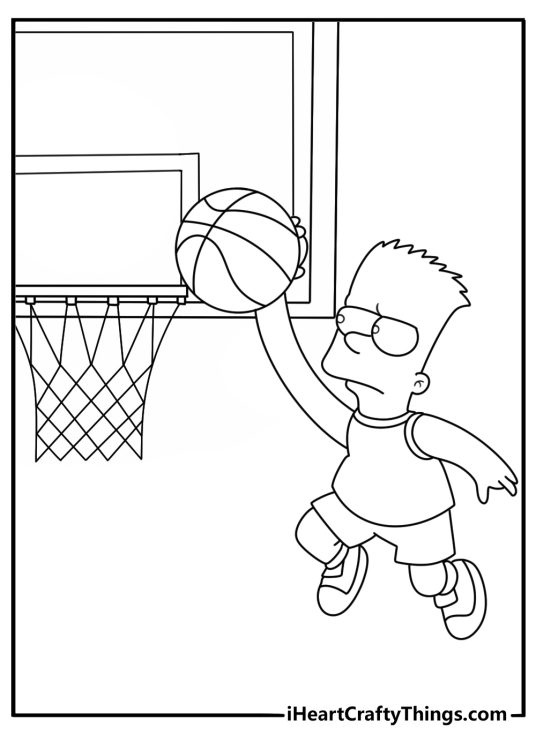 Printable Bart Simpson sheet featuring Bart playing basketball at the school yard