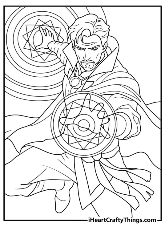Printable Doctor Strange page showing a spell circle around both hands