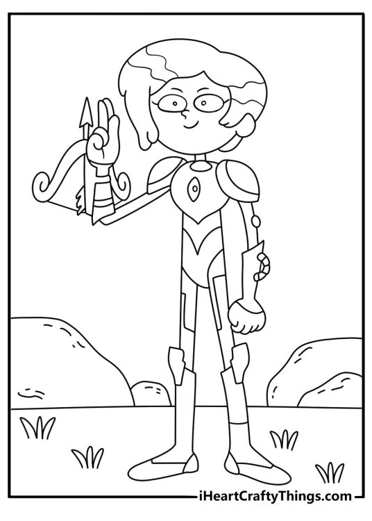 Printable Marcy coloring page with a crossbow and adventure journal