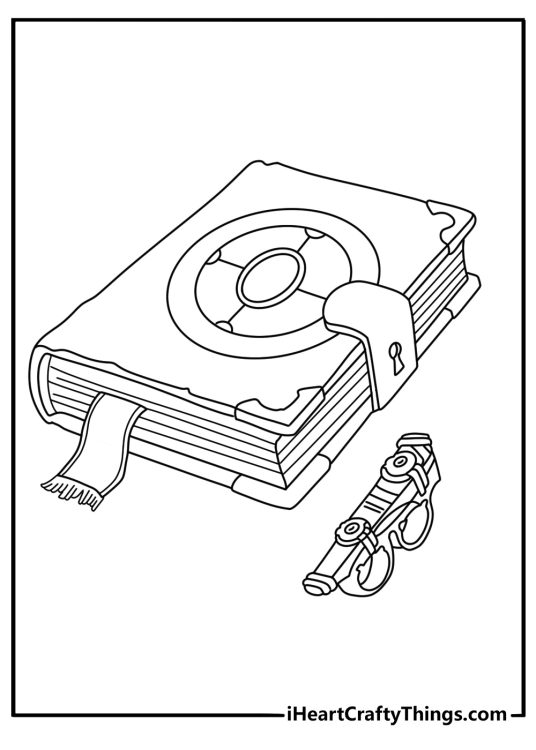 Printable Marvel coloring sheet featuring a sling ring beside an open spell book