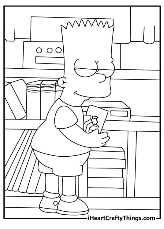 Printable Simpsons coloring page featuring Bart hiding a comic book under his desk