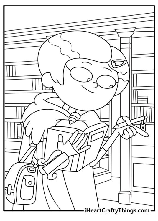 Printable cartoon page featuring Marcy reading inside a Newtopia library