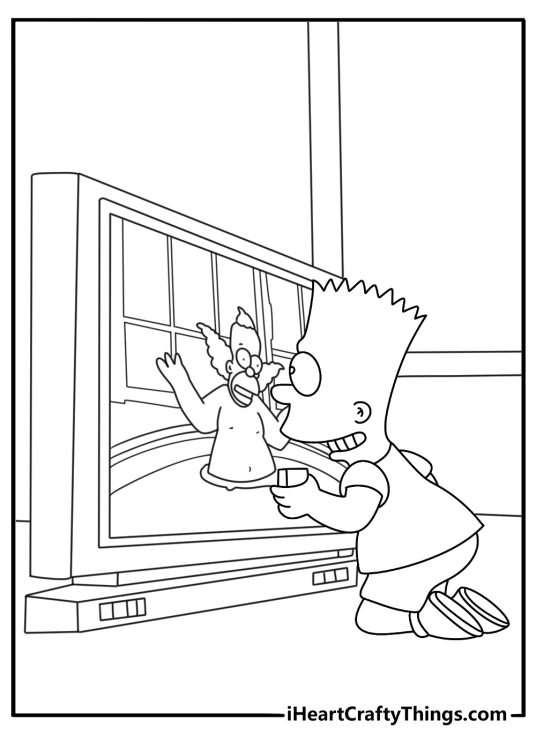 Printable cartoon page showing Bart watching Krusty the Clown on television