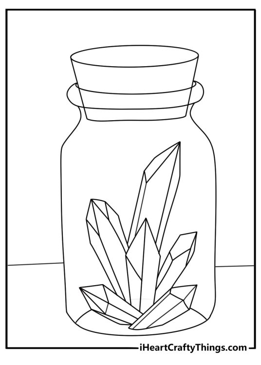 Printable coloring page featuring crystal points inside a glass jar