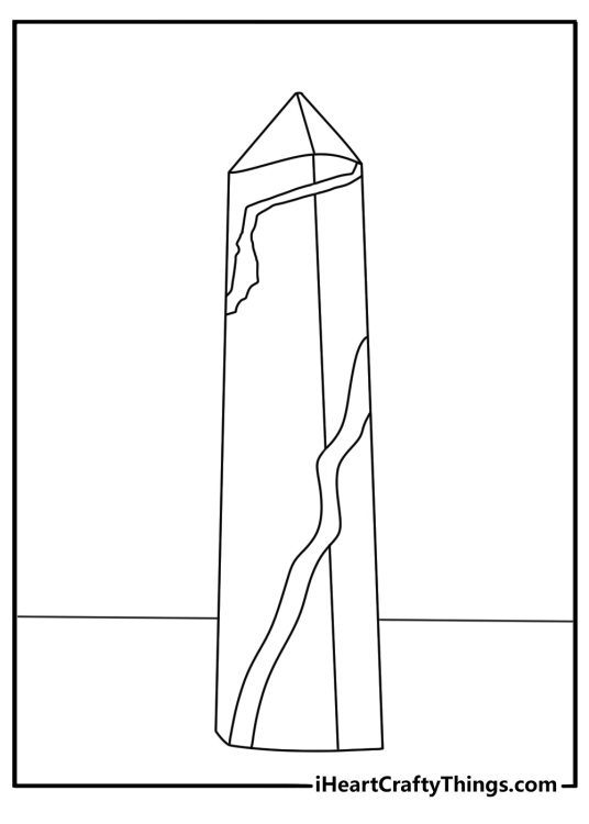 Printable crystal coloring page with a tall prism shaped mineral
