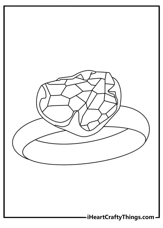 Printable crystal coloring sheet featuring a gemstone ring with a faceted stone