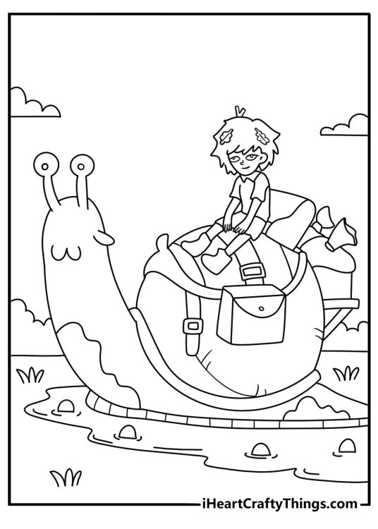 Sprig rides a giant snail along a muddy road in this fun coloring page