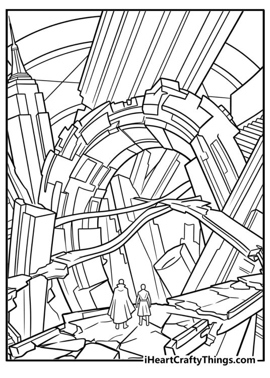 Strange bends city buildings inside the Mirror Dimension in this printable
